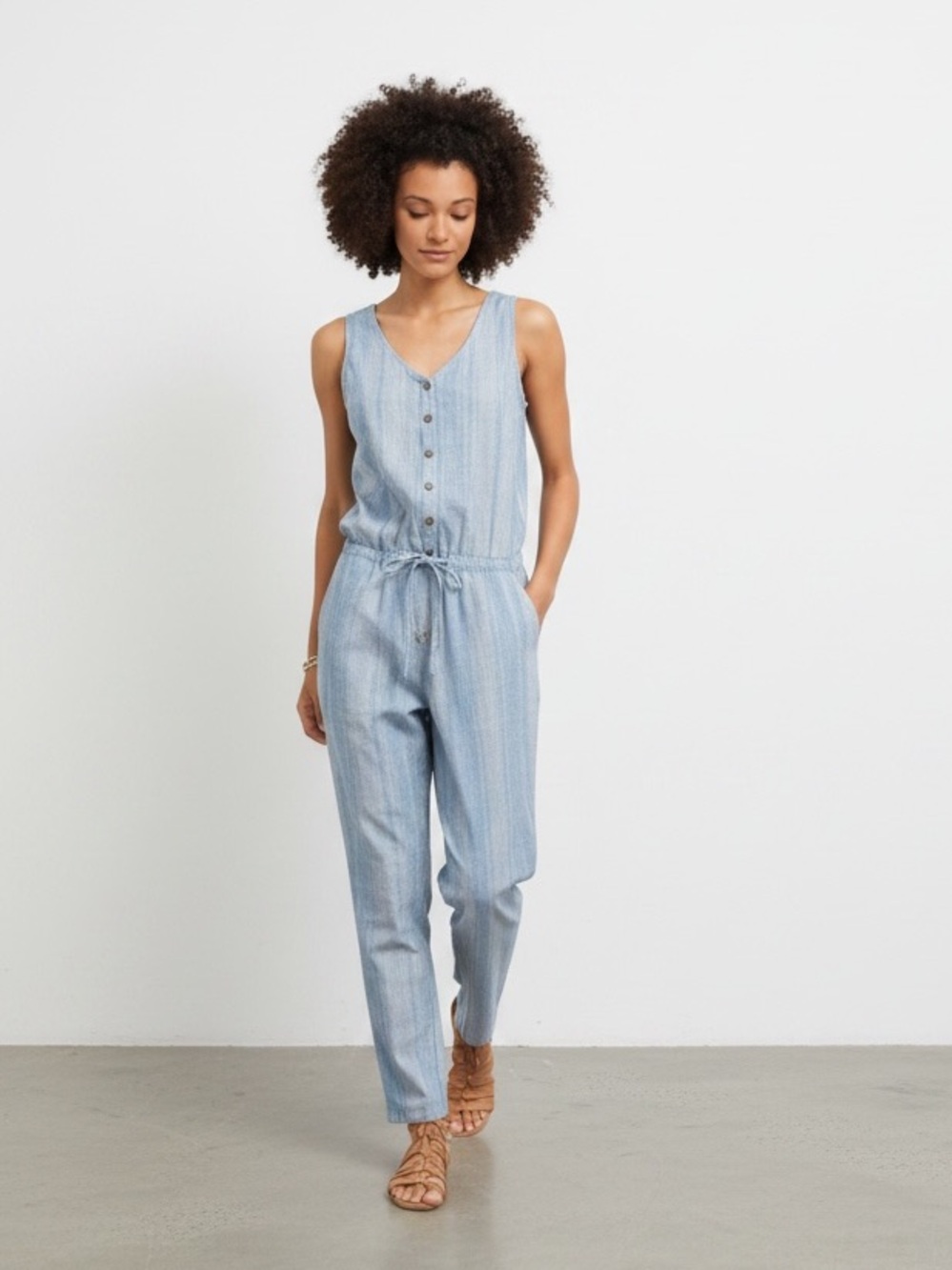 Prana Blue Stripe Wayfarer Sleeveless Hemp Blend Jumpsuit Size M